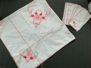 Vintage Tablecloth & 6 Napkins Hand Embroidered/made Applique Pink/red 50 " X48 "