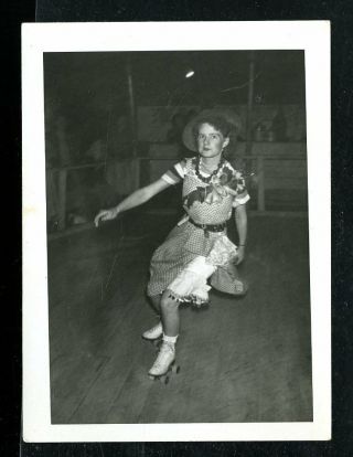 Vintage Photo Boy Dressed As Girl Roller Skating Halloween Party 1940 