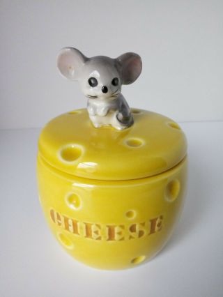 Vintage Lefton Ceramic Lidded Jar With Gray Mouse
