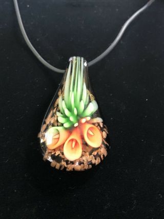 Vintage Lampwork Orange Lily & Green Flower Gold Sparkles Glass Pendant Necklace