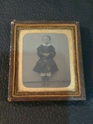 Antique Victorian Ambrotype/tintype Photo Of Child Leather Case Frame