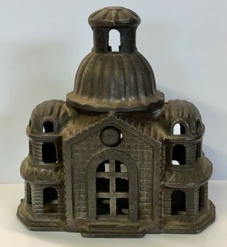 Antique Early Cast Iron Castle Dome Top Still Coin Bank Vintage Figural