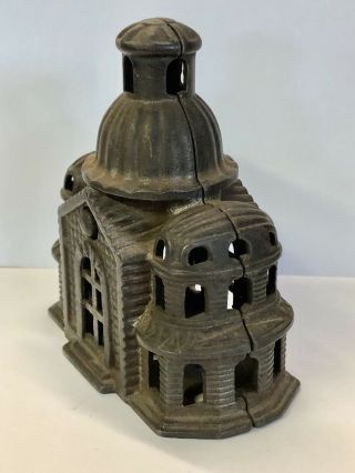 Antique Early Cast iron Castle Dome Top Still Coin Bank Vintage Figural 2