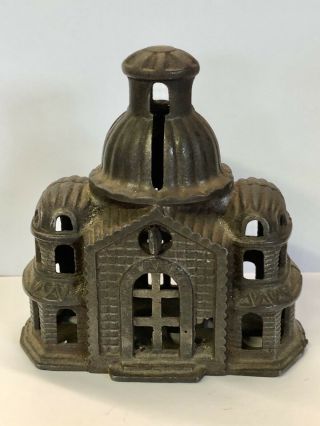 Antique Early Cast iron Castle Dome Top Still Coin Bank Vintage Figural 3