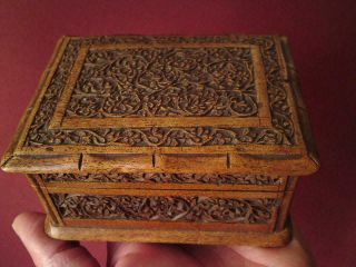 Small Antique Anglo - Indian Relief Carved Entwined Scrolling Floral Wooden Box