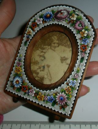 Antique Micro Mosaic Photo / Picture Frame Wood Easel Stand With Glass