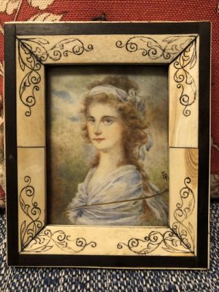 Antique Signed “er” Miniature Hand Painted Portrait Of Lady In Bone Frame