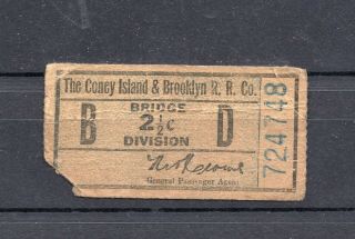 Us Coney Island & Brooklyn Railroad Co.  Ticket Train Bridge 1880s/1890s Id 811