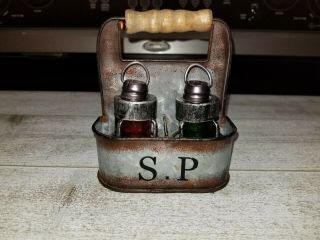 Vintage Red And Green Salt N Pepper Set Railroad Lanterns With Metal Holder