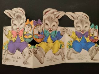 Vtg 1930s Rust Craft Easter Greeting Card Diecut Bunny Rabbit Basket Foldout