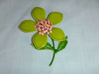 Vtg Flower Power Enamel Pin Brooch Green & Hot Pink