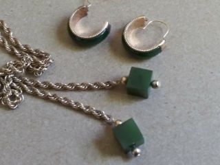 Vintage Jade Necklace And Earring Set - Sterling With Gold Overlay