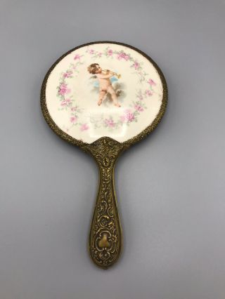 Antique Victorian Brass Hand Held Vanity Mirror W/ Porcelain Angel Cherub