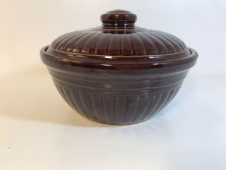 Vintage Usa Pottery - Usa Stoneware - Bean Pot With Lid - Brown Glaze