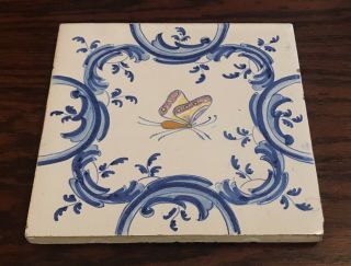 Vintage Tile Trivet Blue & White W/ Butterfly,  Guerrieri Murano Pottery