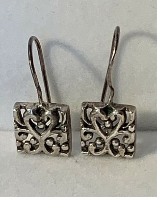 Vintage 925 Sterling Silver Filagree Design Earrings,  1” French Hook,  Square