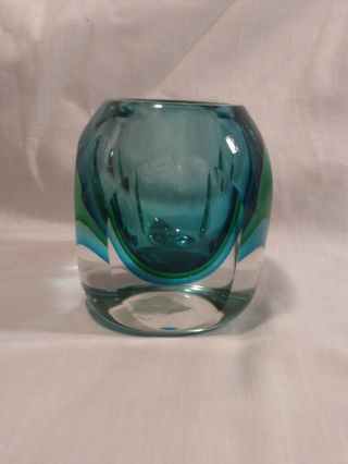 Vtg Heavy Mcm Green Blue Art Glass Flat Side Cube Votive Candle Tea Light Holder