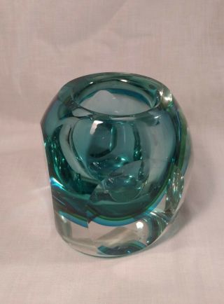VTG HEAVY MCM GREEN BLUE ART GLASS FLAT SIDE CUBE VOTIVE CANDLE TEA LIGHT HOLDER 2