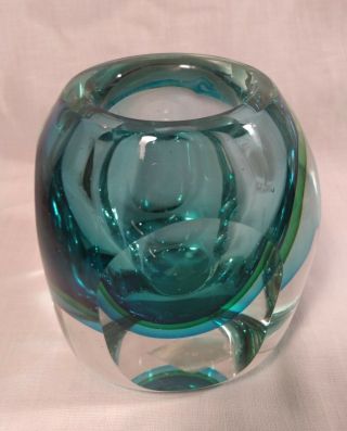 VTG HEAVY MCM GREEN BLUE ART GLASS FLAT SIDE CUBE VOTIVE CANDLE TEA LIGHT HOLDER 3