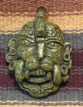 Pressed Turquoise Anthropomorphic Olmec Culture Face Pendant Vintage Mexico