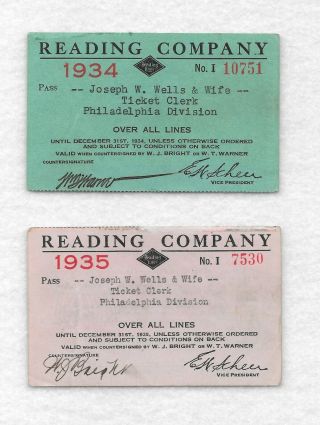 Set Of 2 - 1934 & 1935 Reading Railroad Company Annual Pass Ticket Stub Pa