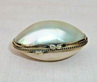 Antique French Brass Rimmed Mother Of Pearl Palais Royal Sewing Thimble Case Box