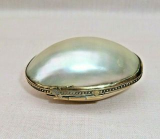 ANTIQUE FRENCH BRASS RIMMED MOTHER OF PEARL PALAIS ROYAL SEWING THIMBLE CASE BOX 3