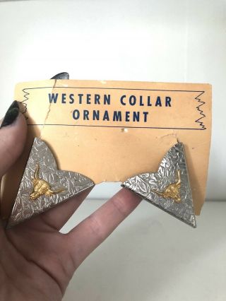 Vintage Western Cowboy Silvertone Collar Tips Longhorns Ornament Silver