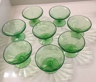 Vintage Uranium Vaseline Green Glass Dessert Ice Cream Cups - Set Of 8