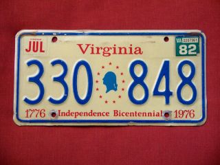 1982 Virginia 1776 - 1976 Independence Bicentennial License Plate 330 848