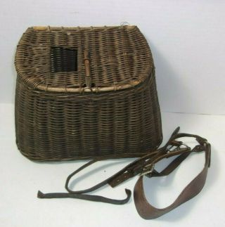 Old Fishing Creel Wicker W/ Leather Strap Vintage Basket