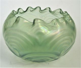 Antique Loetz Kralik Green Iridescent Bohemian Spiral Optic Glass Rose Bowl Vase