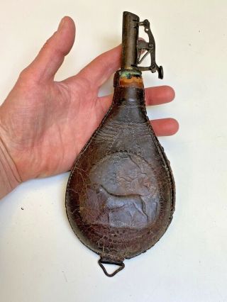 Antique Civil War Era Embossed Leather Gun Powder Pouch Flask