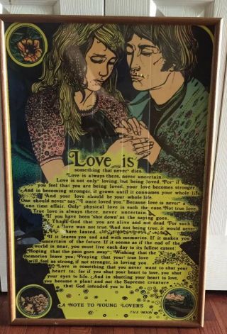 Vintage Blacklight Poster Love Is 70’s Framed 21 1/2”x31” Relationships Hippy
