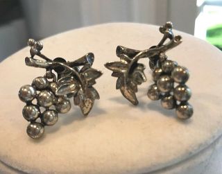 Vintage Sterling Silver Screw Back Dangling Grape Cluster & Leaf Earrings 1940’s