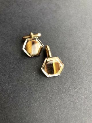 Vintage Hexagon Gold Tone & Tigers Eye Cufflinks
