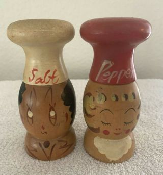 Vintage Man Flirting With Woman: Tall Wooden Salt And Pepper Shakers
