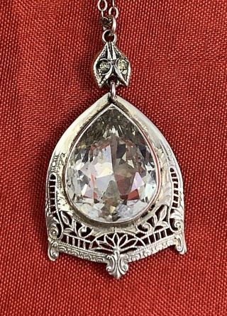 Vintage Antique Art Deco Sterling Silver Filigree Teardrop Crystal Pendant