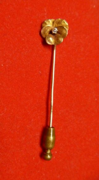 Victorian Antique 10k Yellow Gold Floral Stick Pin With Small Diamond