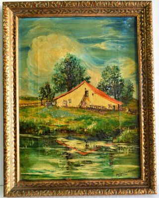 Morton V Mitnick Small Antique Oil Painting Canvas 1944 Signed American Folk Art