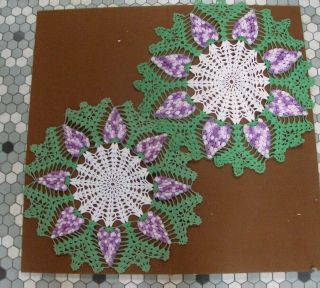 Two Vintage Hand Crocheted Grape Cluster Doilies - 15 & 17.  5 Inches