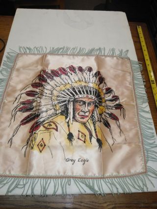 Vintage Chief Gray Eagle Native American Satin Souvenir Pillow Sham Case 17 "