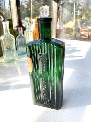 Antique Dark Emerald Green Poison Bottle W/stopper & Label.  Not To Be Taken.  Uk