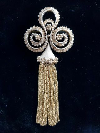 Vintage Signed Monet Large Statement Pin Gold Tone Tassel Brooch Jewelry