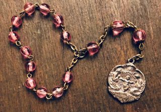 Antique Vintage Old Infant Of Prague Chaplet Holy Medal Rosary Pink Glass Beads