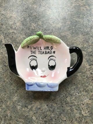 Vintage Japan Ceramic Teapot Tea Bag Holder " I Will Hold The Teabag " Pale Pink
