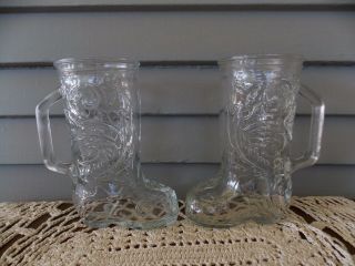 Set Of 2 Vintage 6 " Clear Glass Cowboy Boot Drinking Tumblers W/ Raised Design