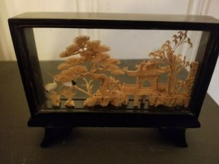 Vintage Chinese Hand Carved Cork Art Diorama Black Stand Cranes Pagoda