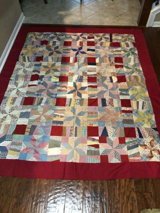 Antique Vintage Pin Wheel And Star Pattern Feed Sack Quilt Top