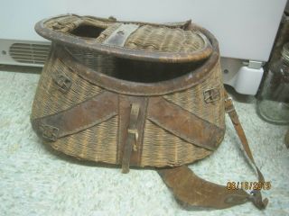 Vintage Split Willow Fishing Creel With Leather Straps